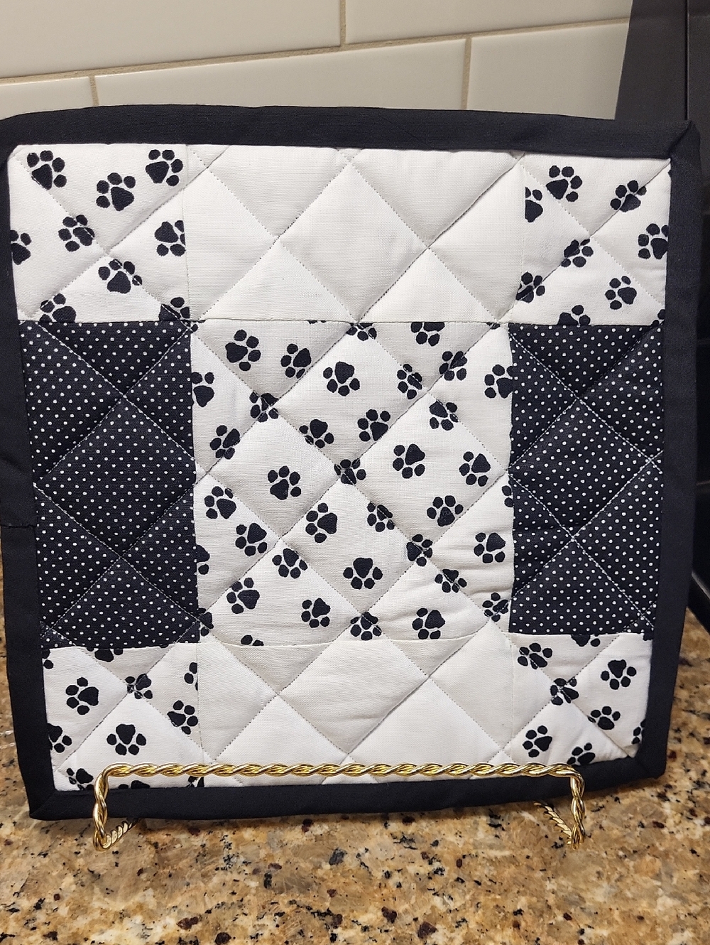 Handmade Black & White Paw Print Quilted PotHolders - set of 2